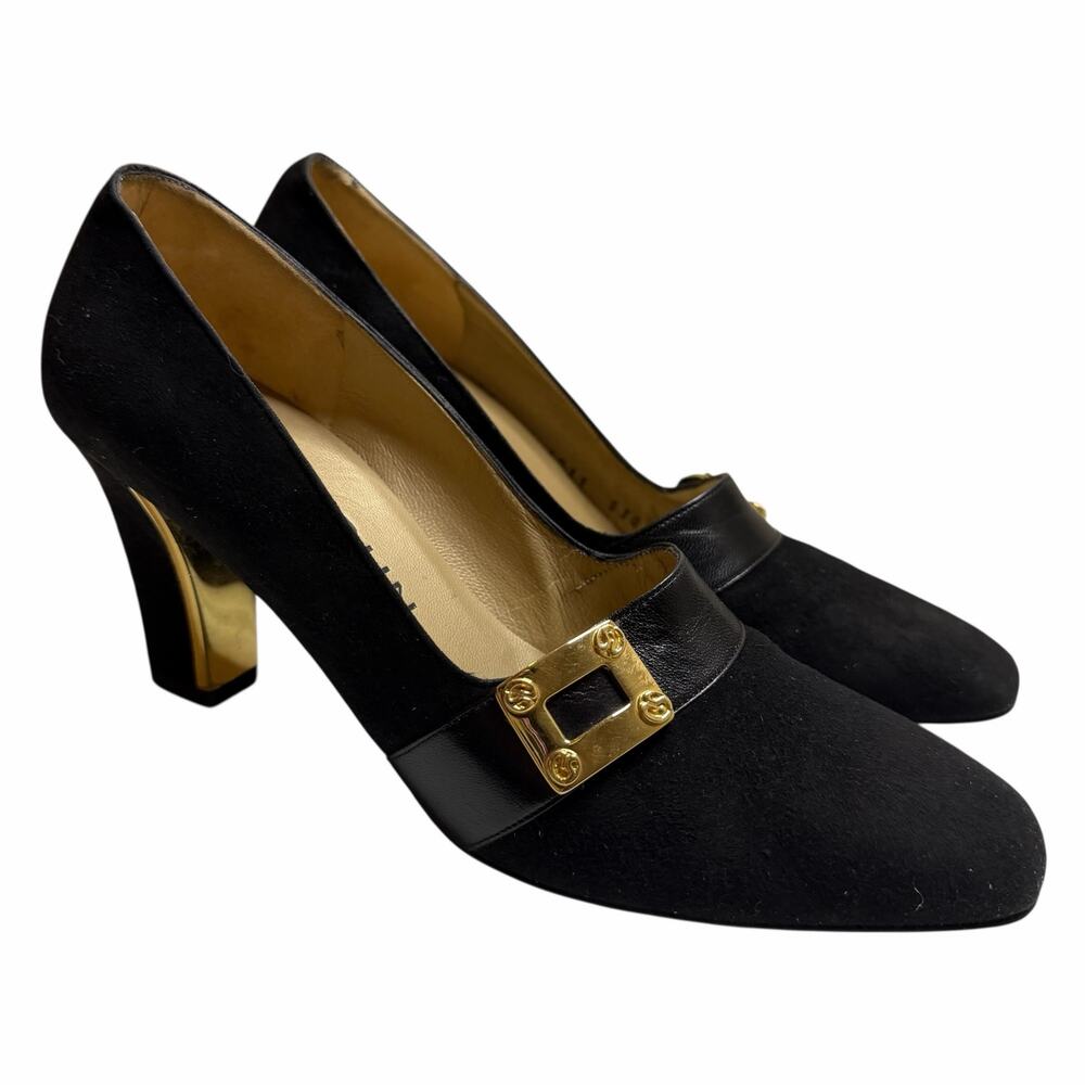 St. John Roberta Linda Heels Black Suede Gold Buckle Made in Italy Pumps Size 7
